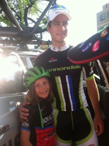 Peter Sagan posing with Noah Siegel-Stone, at the 2013 USA Pro Cycling Challenge. 